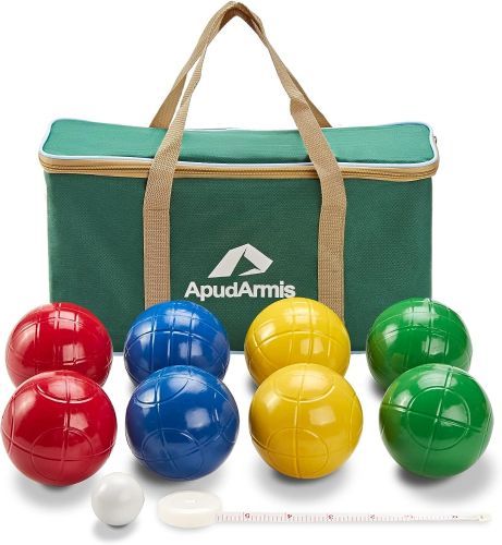 Bocce Balls Set includes two red balls, two blue, two yellow, two green and one white ball, a tape measure, and a carrying case with handles.