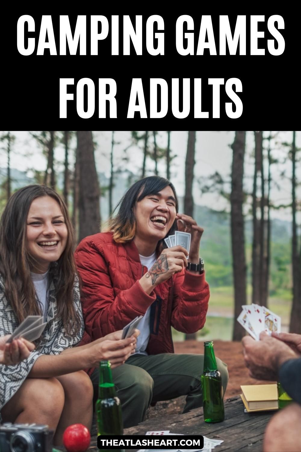 Camping Games for Adults Pin
Two friends laugh while playing a card game and drinking beer.