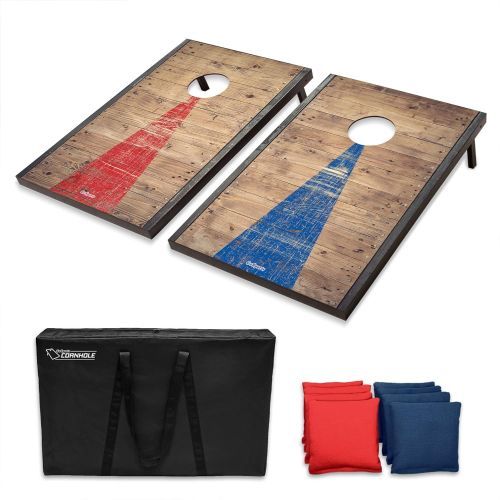 Classic Cornhole Set, including two wooden cornhole boards, a carrying case, and eight bean bags.