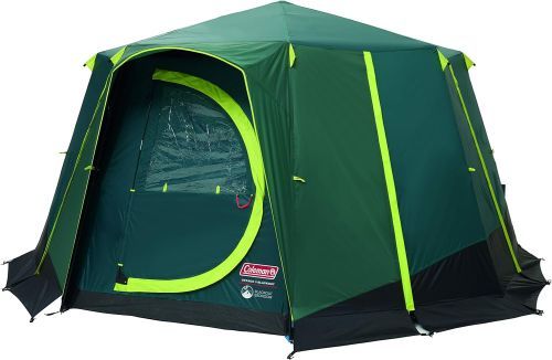 The Coleman Octagon Blackout tent in forest green and neon green.