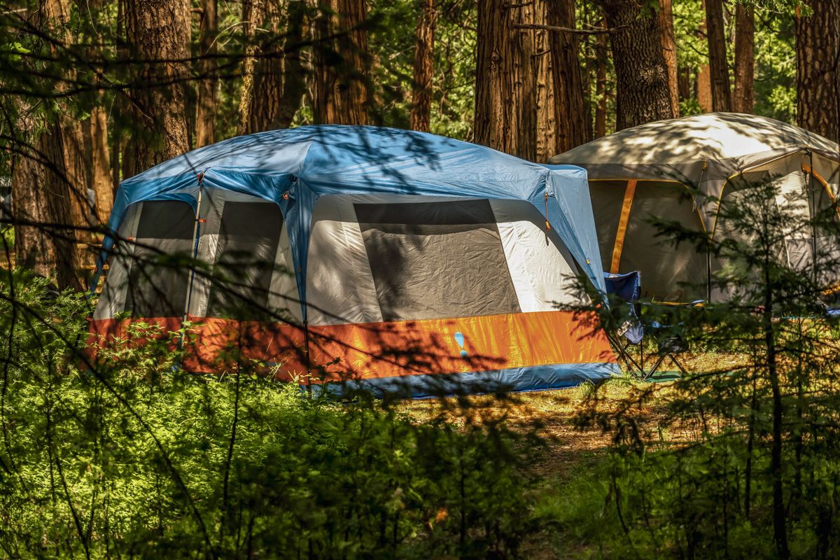 Conclusion: What is the Best Tent for a Tall Person?
Peering through the trees at a blue, white, and orange tent beside a grey tent with orange trim at a campground.