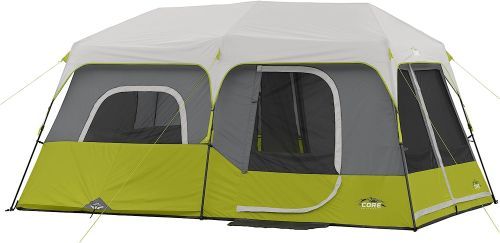 The Core 9 Person Instant Cabin Tent in green, grey, and off-white.
