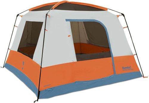 The Eureka! Copper Canyon LX 6 tent in white, orange, and slate blue.