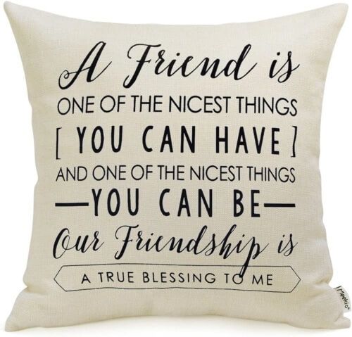 Friendship pillow cover white background printed in black with heartwarming message.