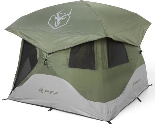 The Gazelle T4 Hub Tent in green and light grey.