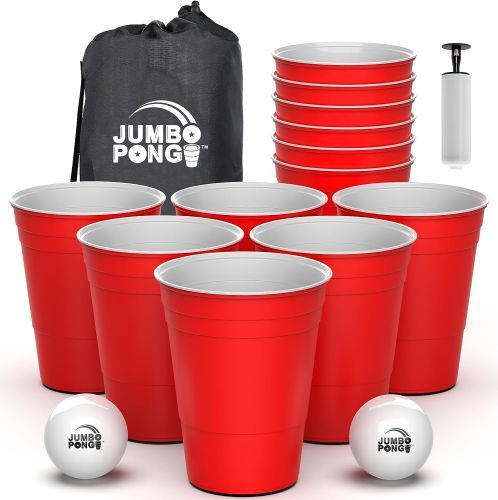 Giant Yard Pong Game set of 6 extra-large red plastic cups, two small white balls, a pump, and a carrying case.