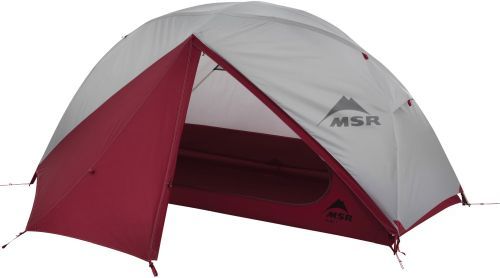 The MSR Elixir 1 Tent in grey and burgundy.