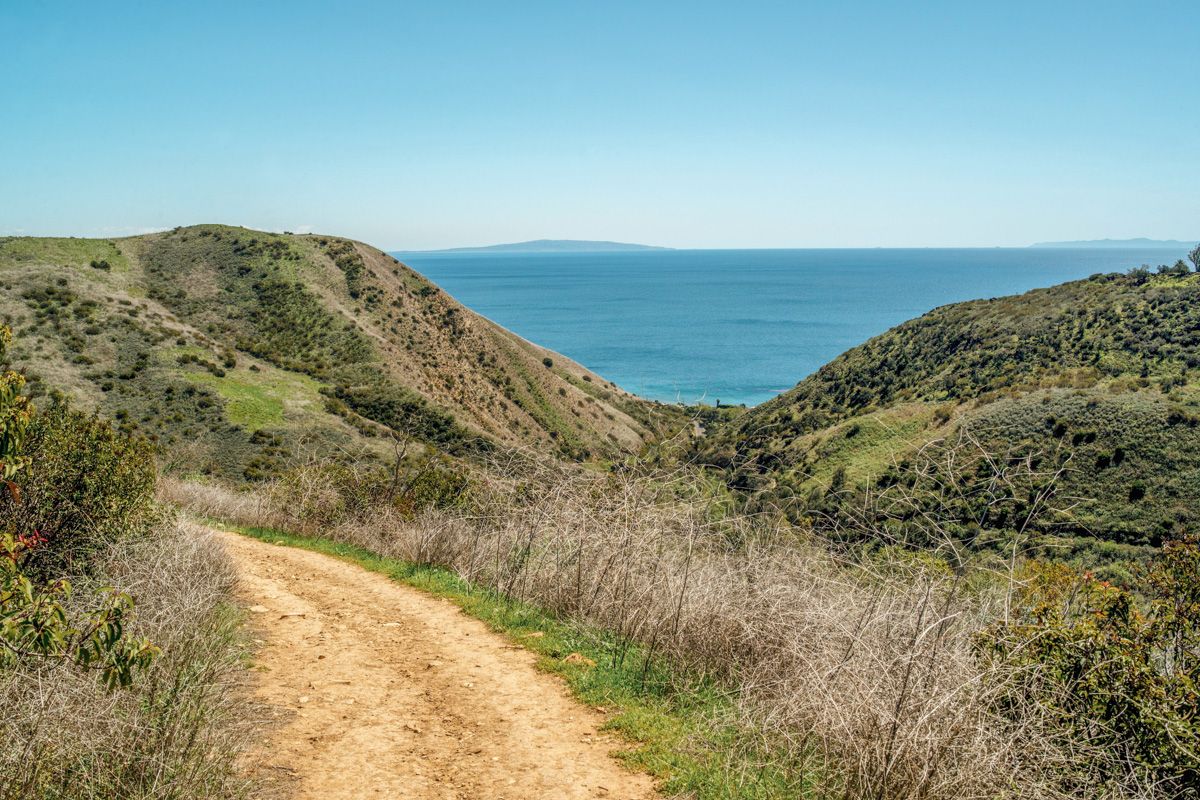 A flat trail winding through green hills, with a bright blue ocean visible beyond them on a bright sunny day.