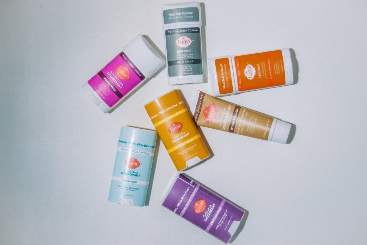 A flat lay of different lume deodorant options, my Honest Lume Deodorant Review