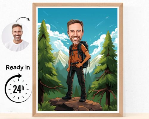 Product image for the Personalized Hiking Cartoon Portrait.