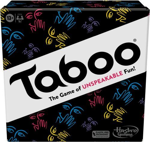 Taboo Classic Game box with line drawn faces smirking and the text, "Taboo: the game of unspeakable fun!"