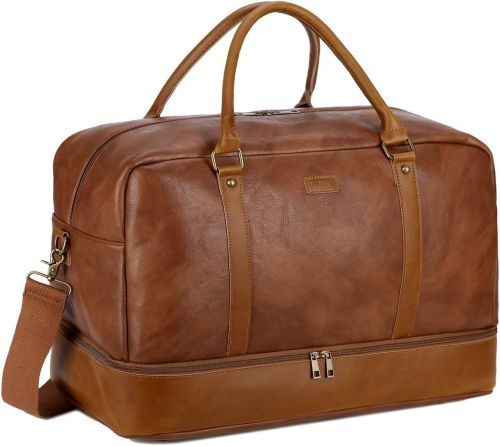 Product image for the BAOSHA Leather Large Travel Duffel Tote in brown.