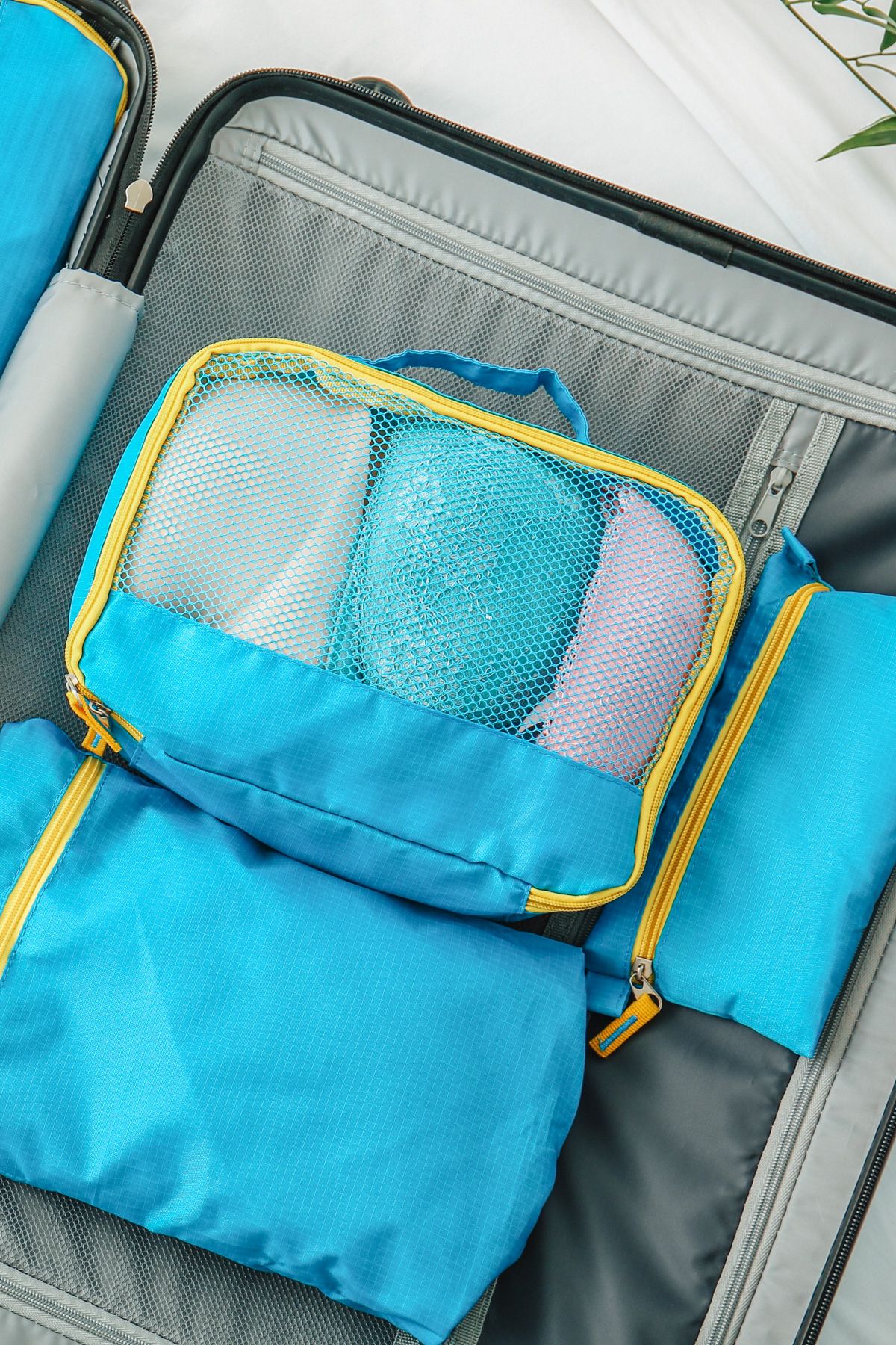 A close-up view of a set of three blue packing cubes with a mesh window, nestled inside of an open suitcase.