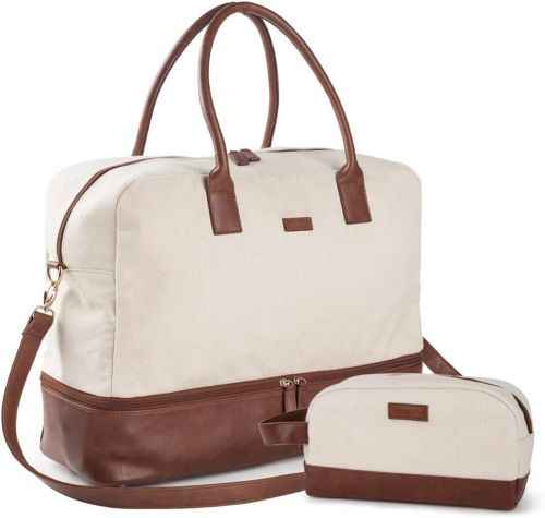 Product image for the Viva Terry Canvas Weekender Bag in brown and white.
