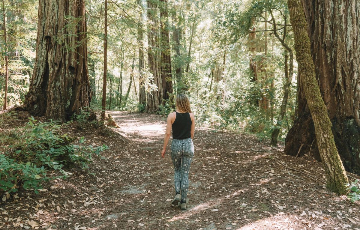 A woman seen from behind wearing navy blue patterned leggings and a black tank top walking away down a path through a redwood forest. 