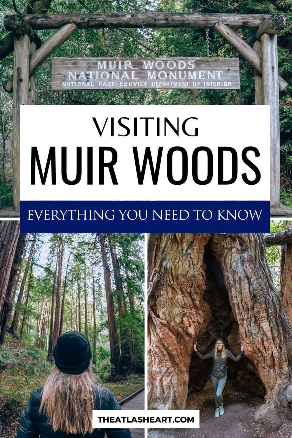 A collage of several different snapshots depicting a young woman on a hike in the redwoods, with the text overlay, "Visiting Muir Woods."