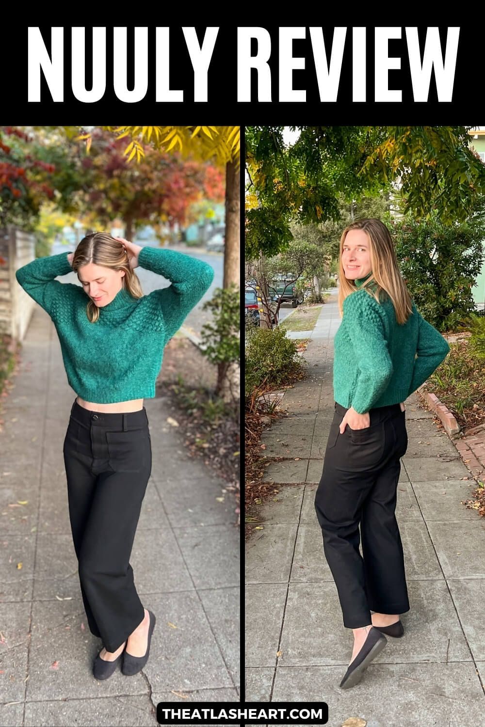 A young, light-haired woman shown in two different poses wears a green sweater and black pants on a residential sidewalk, with yellow autumn leaves surrounding her, and the text overlay, "Nuuly Review."