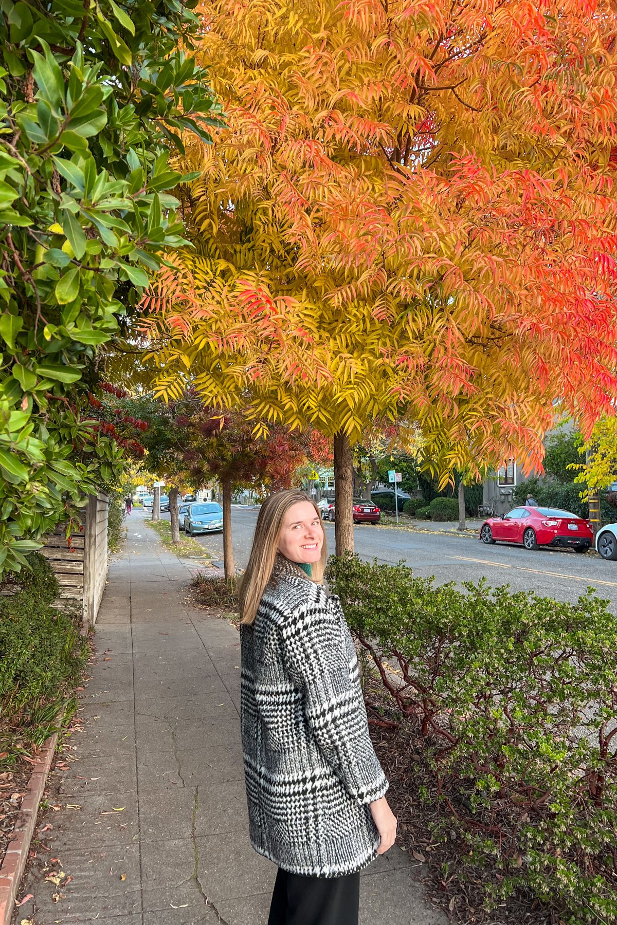 A young, light-haired woman wears a green sweater, black and white houndstooth coat, and black pants smiles over her shoulder towards the camera on a residential sidewalk, with yellow autumn leaves surrounding her. 