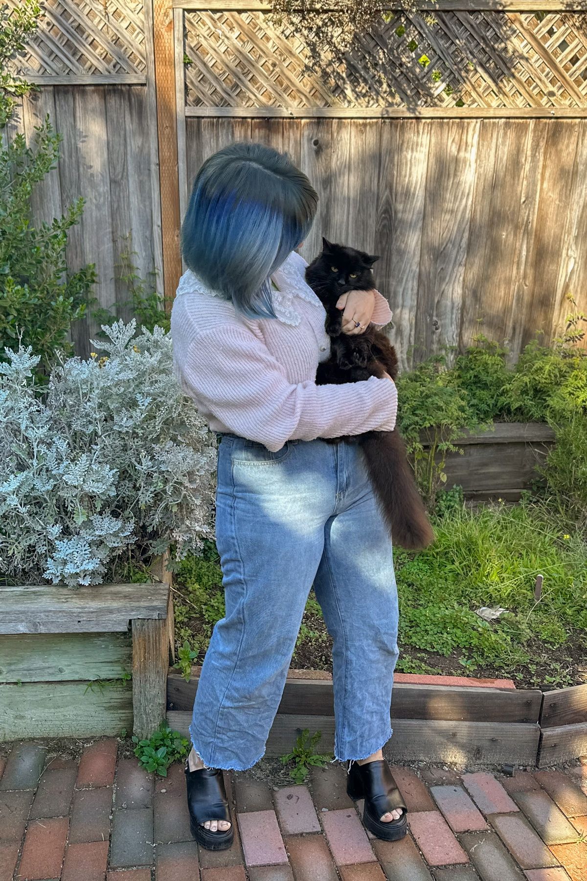 A blue-haired woman wearing a pink frilly cardigan and jeans holds a fluffy black cat while standing on a brick patio next to a patch of grass in front of a backyard fence.