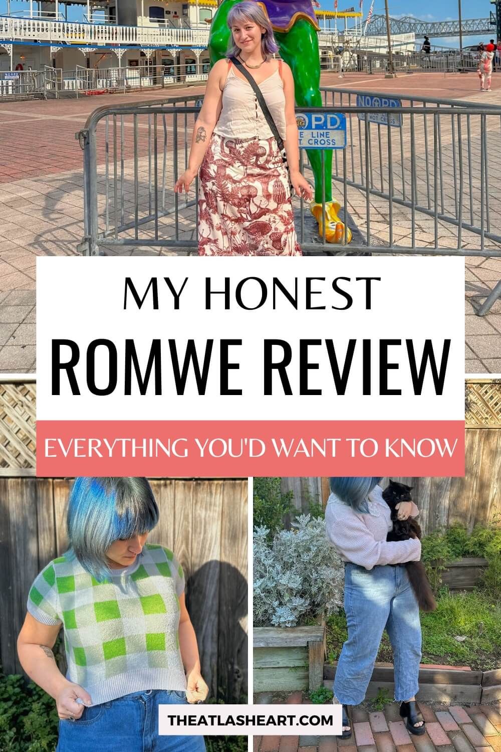 A collage of several images of the same woman with blue and purple hair wearing different, brightly-colored outfits, and the text overlay, "My Honest Romwe Review."