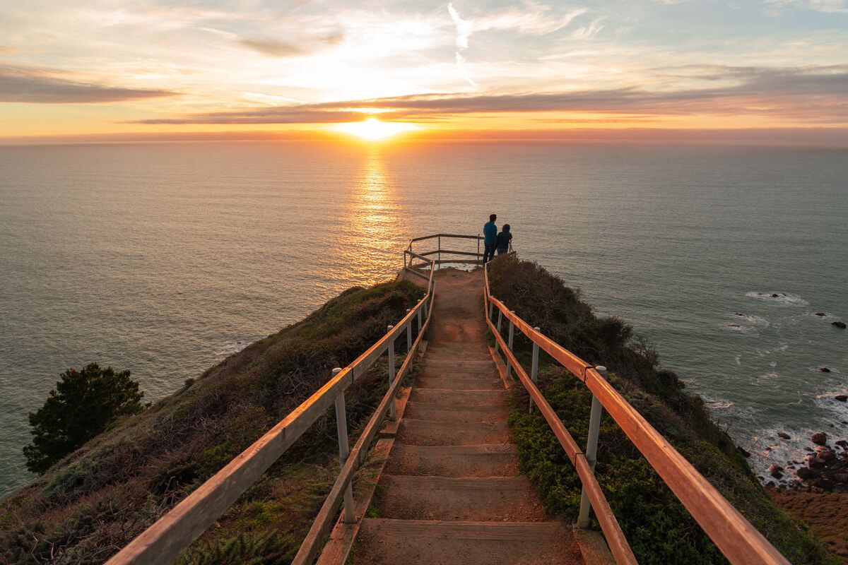 A view looking down the Muir Beach Overlook, bathed in the golden light of sunset.