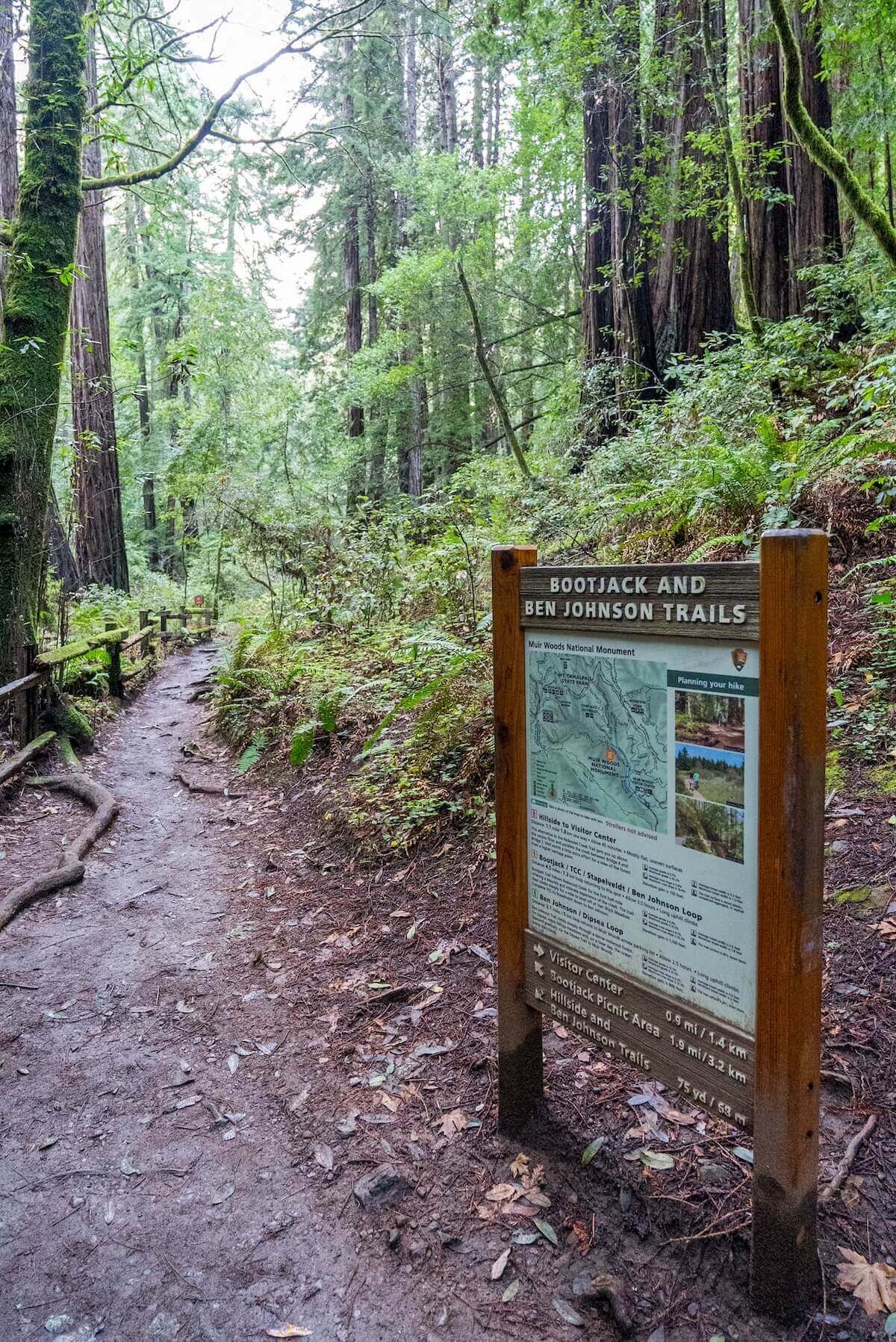 A wooden trailhead sign at the entrance to the Bootjack to Ben Johnson Loop in muir woods, with redwood trees in the background.