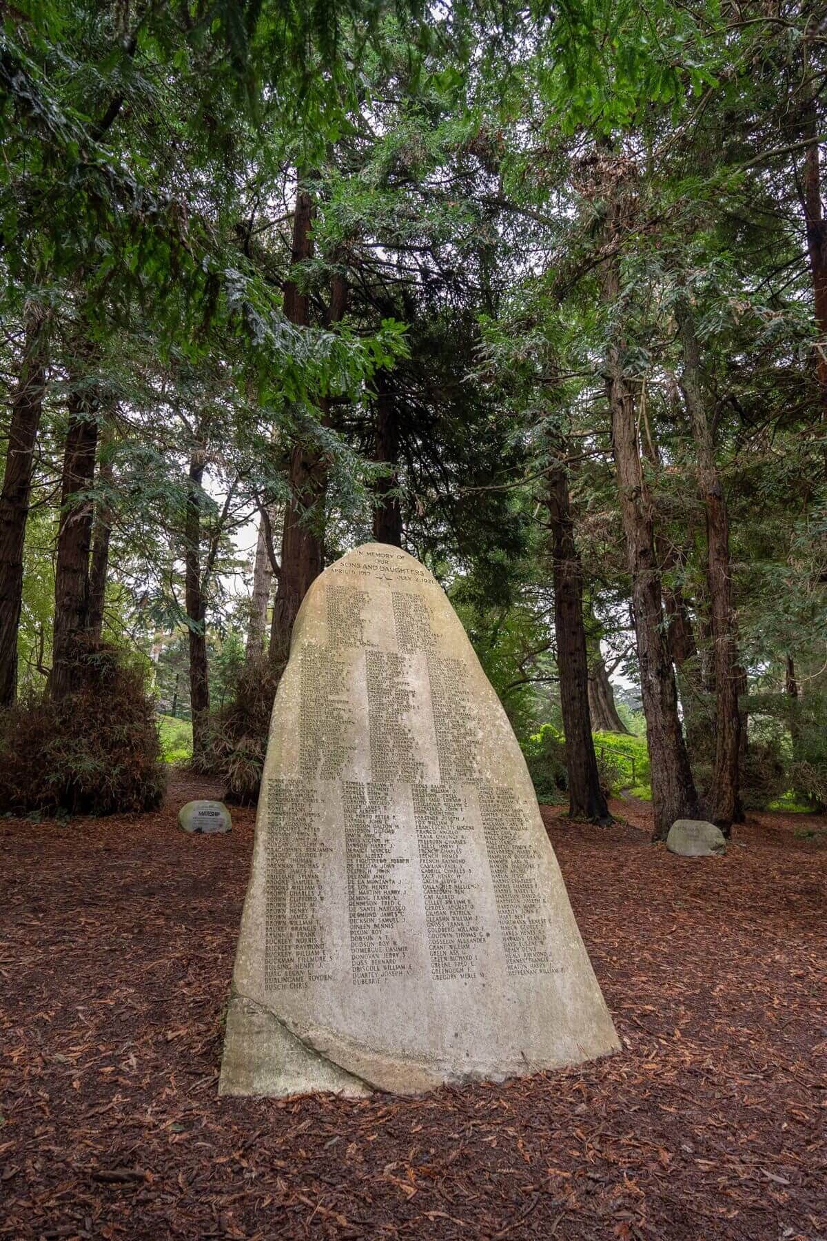 A stone in the Heroes Grove in Golden Gate Park that honors those who died in WWI with their names written down