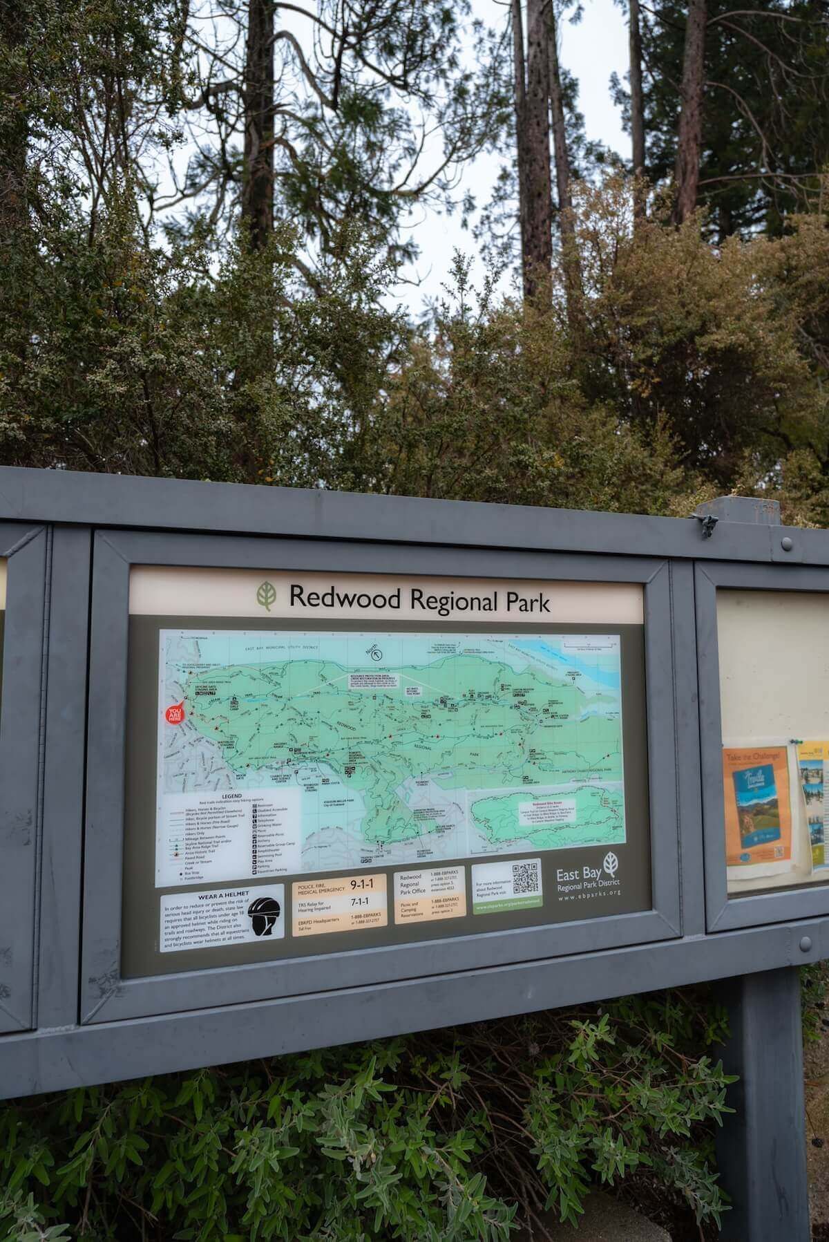 A sign depicting a trail map in the parking lot at Reinhardt Redwood Regional Park.