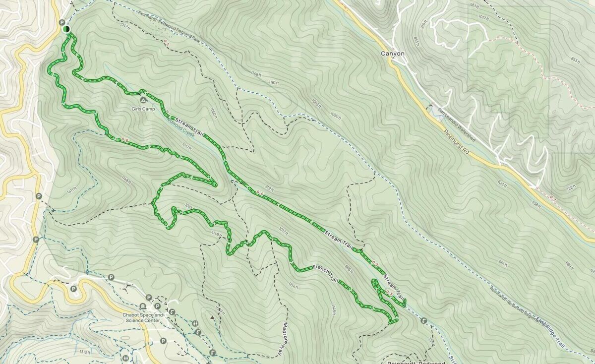 A green topographical map showing the Stream, Mill, and French Trail Loops.