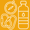 A white line drawing of three accessories, a compass, two carabiners, and a water bottle, on a yellow background.