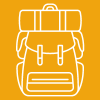 A white line drawing of a backpack, representing packs, on a yellow background.