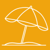 A white line drawing of a beach umbrella in the sand, on a yellow background.