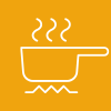 A white line drawing of a pot over a burner with steam waves rising from the pot, on a yellow background.