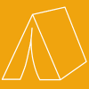 A white line drawing of a camping tent on a yellow background.
