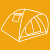 A white line drawing of a dome camping tent on a yellow background.