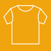 A white line drawing of a T-shirt, representing clothing, on a yellow background.