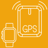 A white line drawing of a smart watch and GPS device, representing electronics, on a yellow background.