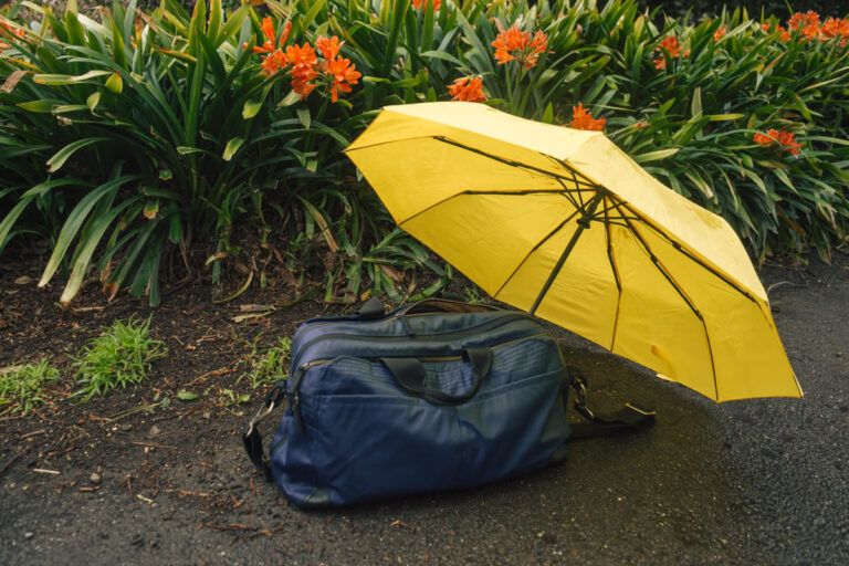 A blue duffel sits on the ground under a yellow umbrella in a a park during rainy season, which is not the best time to visit San Francisco.