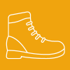 A white line drawing of a hiking boot, representing footwear, on a yellow background.