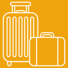 A white line drawing of a roller suitcase and a carry suitcase, representing luggage, on a yellow background.