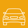 A white line drawing of a car from the front, representing road trips, on a yellow background.