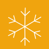 A white line drawing of a snowflake, representing skiing and snowboarding, on a yellow background.