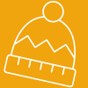 A white line drawing of a beanie, representing Skiing and Snowboarding Clothing, on a yellow background.