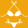 A white line drawing of a bikini swimsuit on a yellow background.