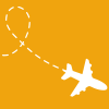 A white line drawing of an airplane who's motion is indicated with the dashed line behind it, on a yellow background.