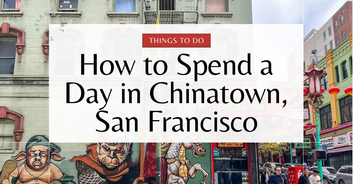 A vibrant street scene in Chinatown featuring colorful murals of Asian mythological figures painted on building walls, with a red camera shop and pedestrians walking along the sidewalk.