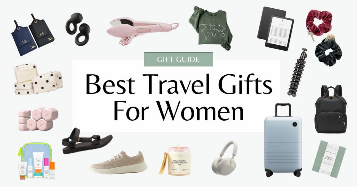 Flat lay collage of stylish travel gifts for women including luggage, tech accessories, organizers, and personal items with the text 